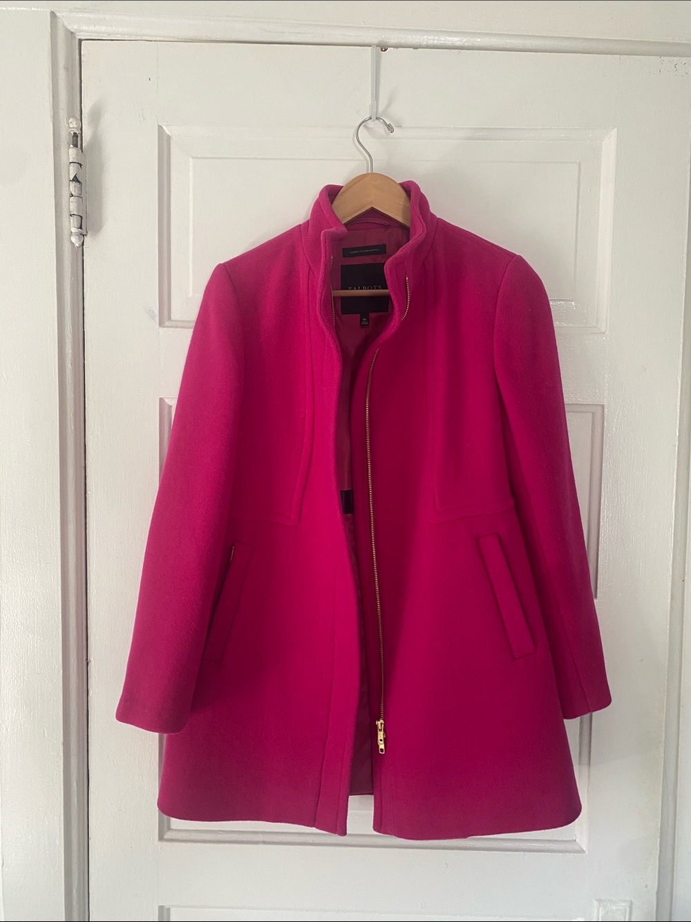 Talbots Hot Pink Wool-Blend Pea Coat with Gold Zip